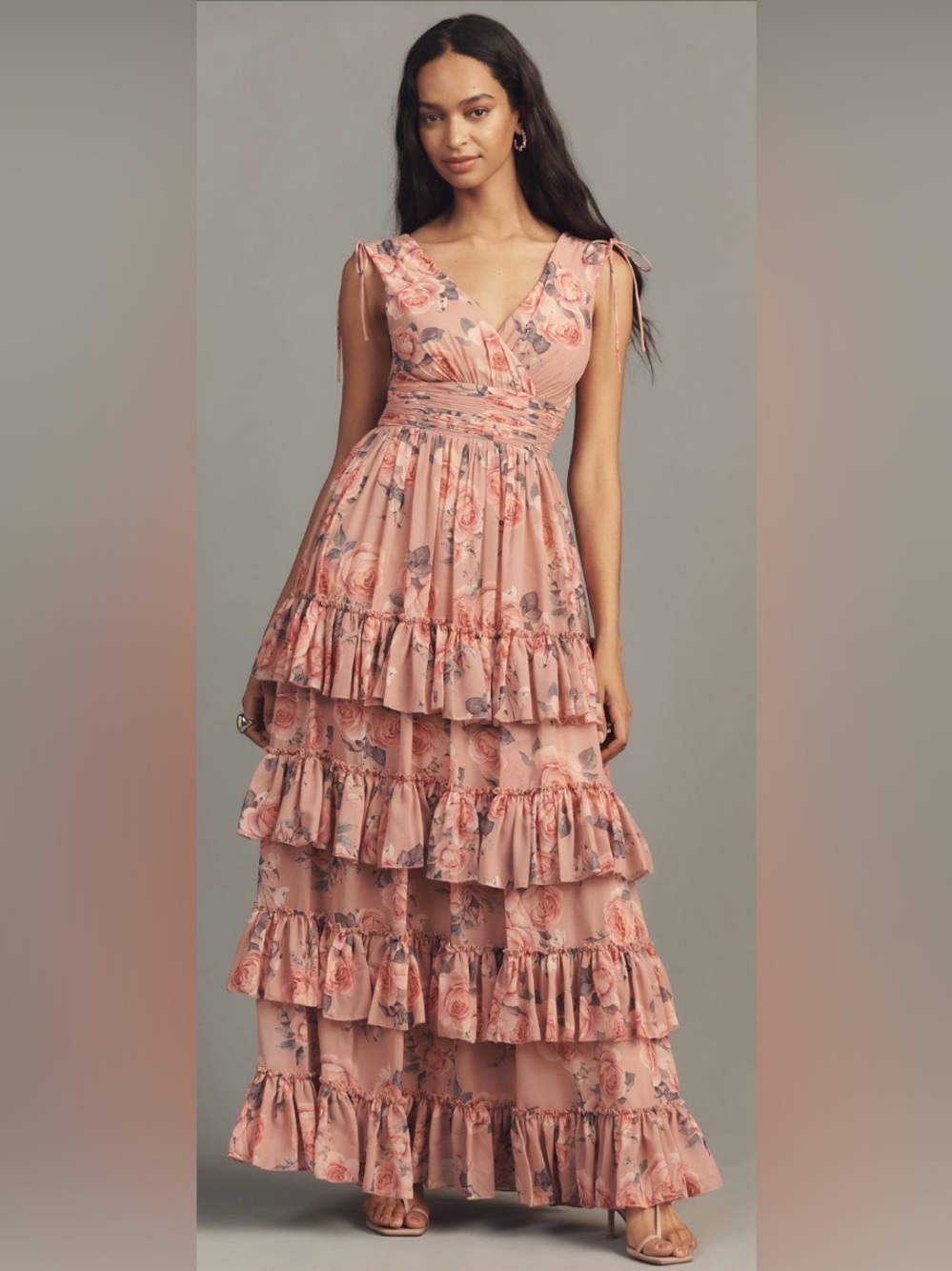 Mac Duggal 55816 Floral Ruffle Tiered Gown Pink Maxi Dress 10 Romantic Boho luxe